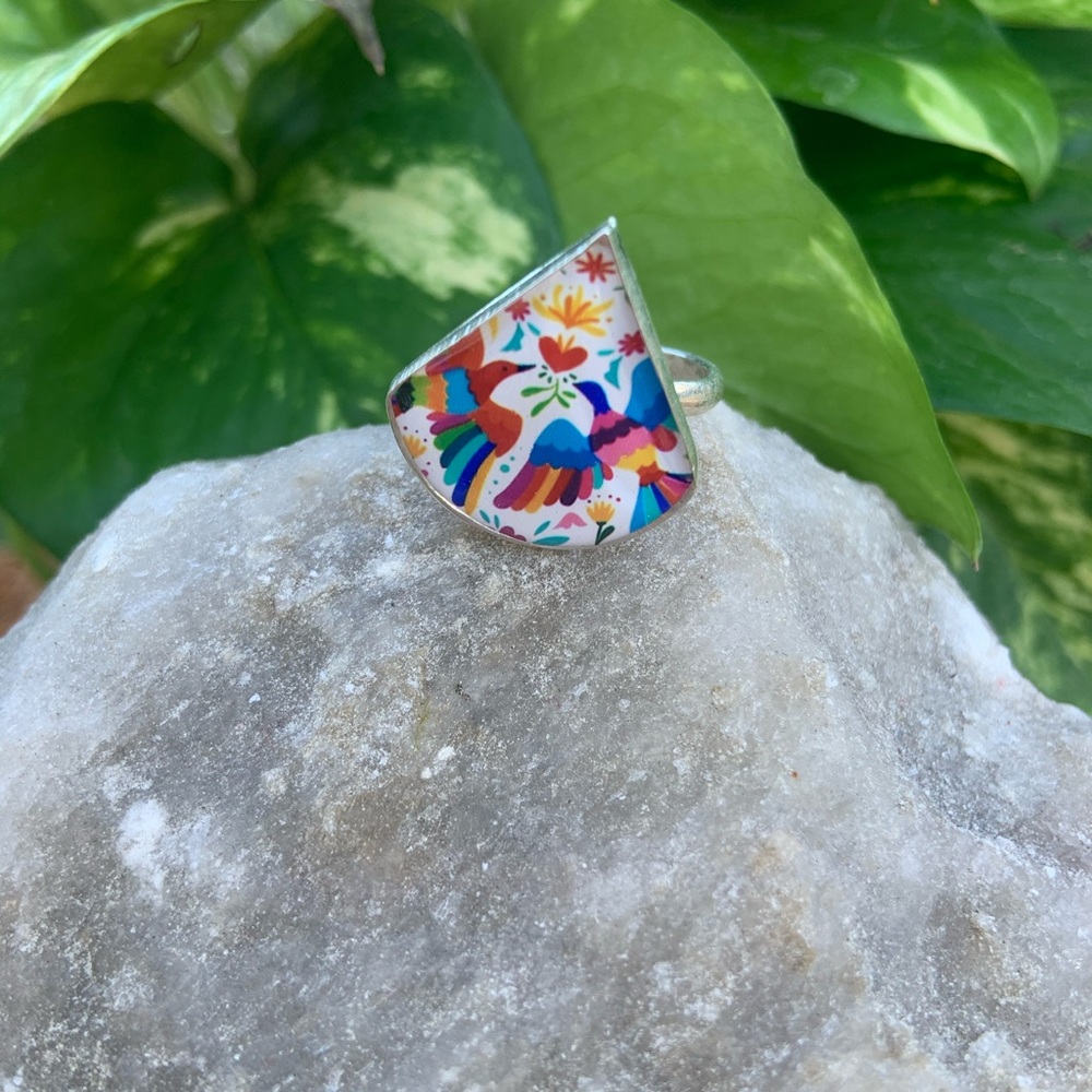 MEXICAN TENANGO FOLKLORIC ART NICKEL SILVER RING Adjustable